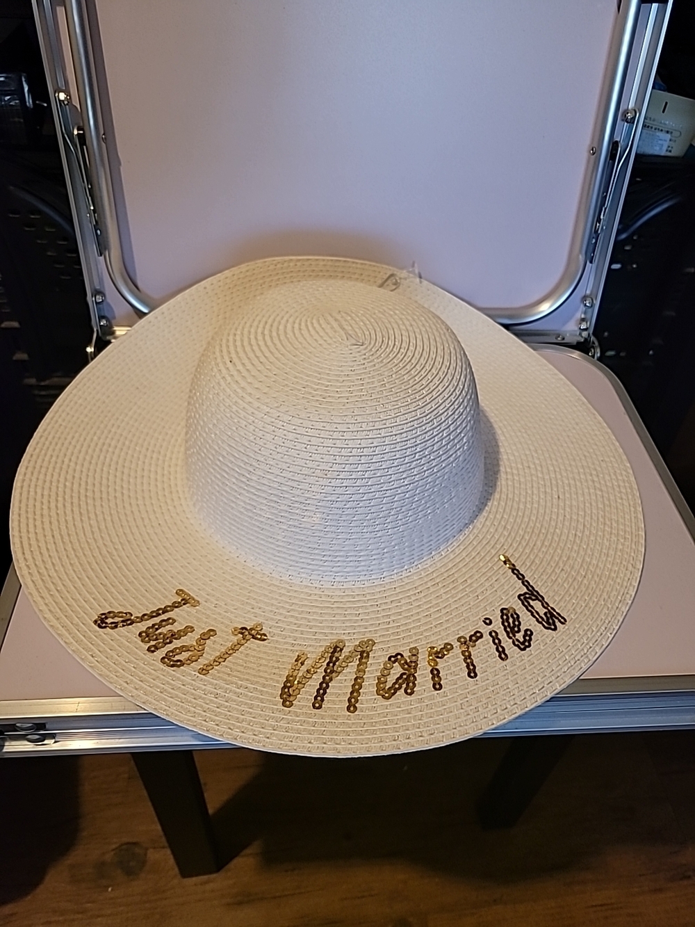 White Straw Sun Hat with Gold 'Just Married' Sequin Detail